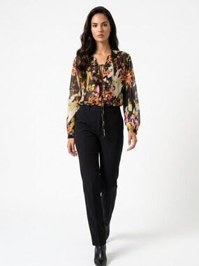 Cabi Sheer Floral Front Tie Ruffle Poet's Long Sleeve Artsy Career Women's M Top